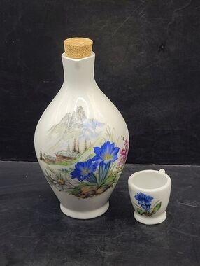 Vintage German Porcelain Enzian Bottle & Shot Cup Gossweinstein Berchtesgaden